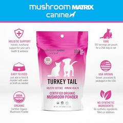 Mushroom Matrix turkey tail powder being poured into pet food for easy mixing.