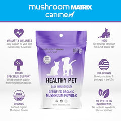 Mushroom Matrix USA-grown mushrooms label highlighting organic, human-grade ingredients.