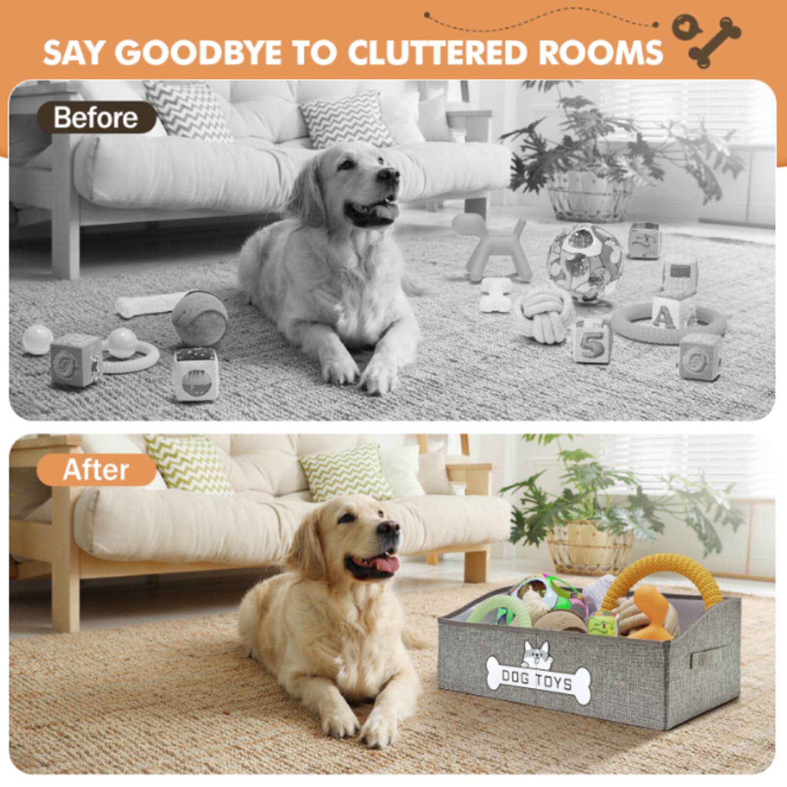 Mutiearo dog toy basket with handle keeps toys organized and portable.