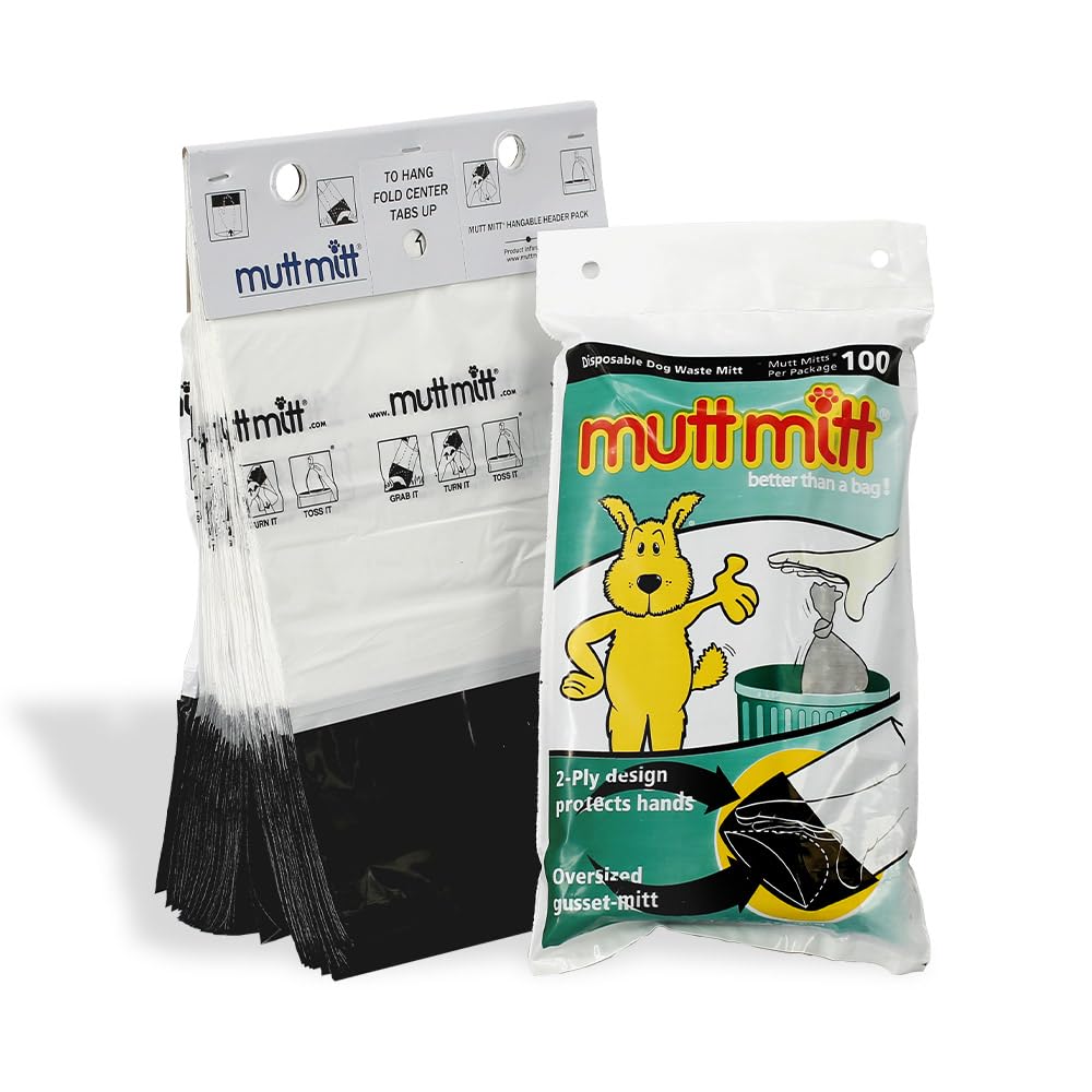 Mutt Mitt 100 white-black 2-ply header bags on dispenser for quick, reliable cleanup.