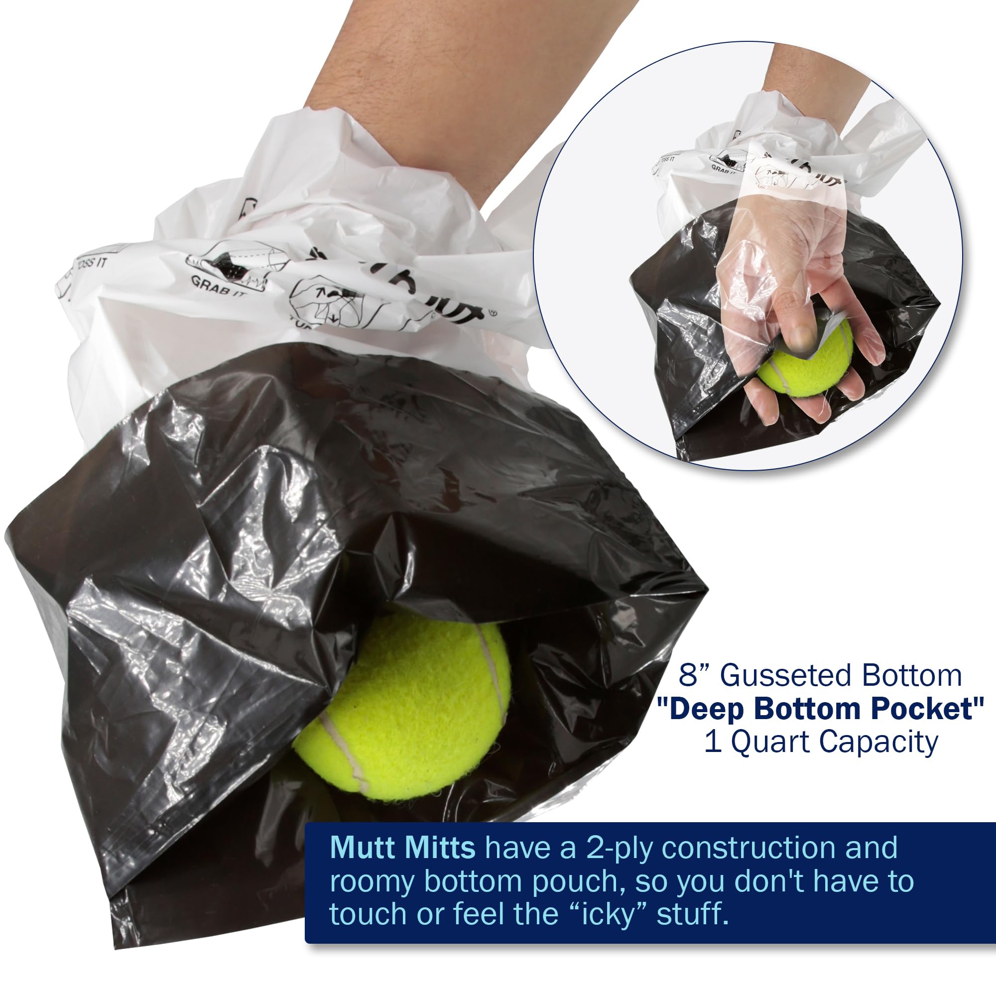 Mutt Mitt bag size 9x12.75 inches provides roomy, spill-resistant waste bags.