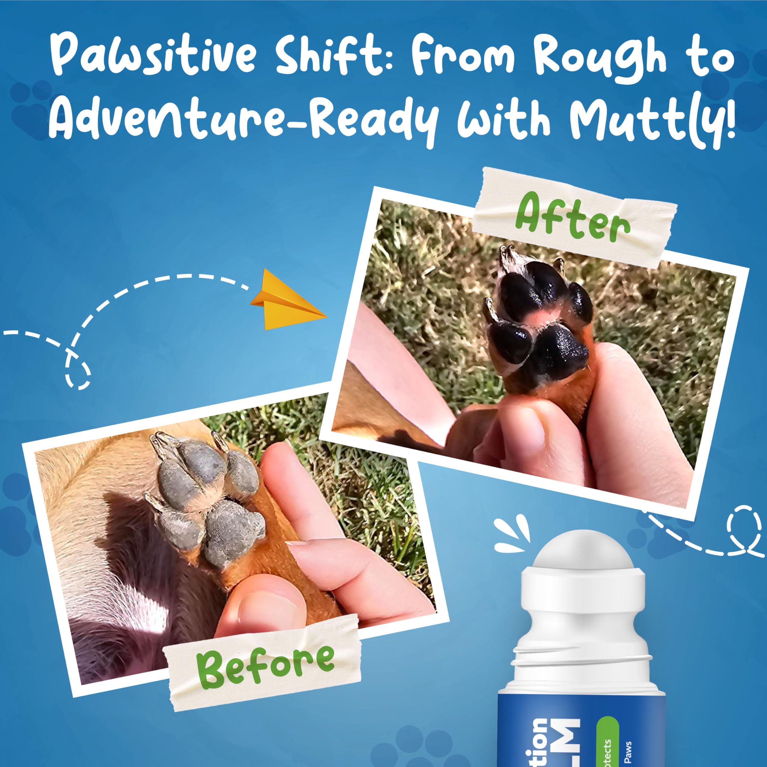 Muttly Paw Balm on dry paws shows fast absorption and comfort