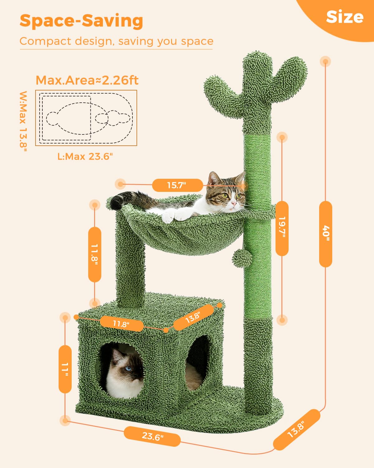 MUTTROS Cactus Cat Tree green finish showcases a space-saving multi-cat lounge