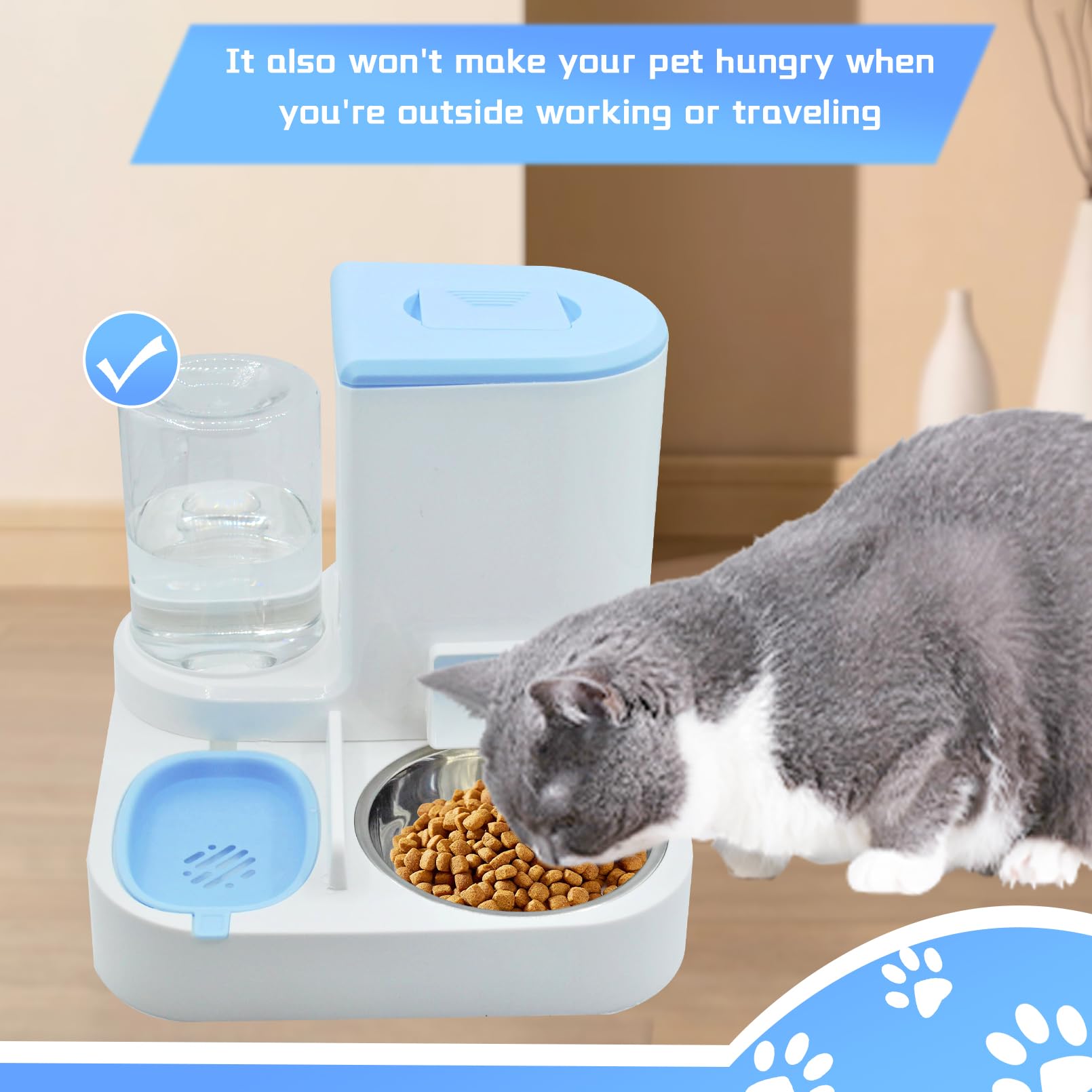 MUYG gravity dispenser action demonstrates hands free feeding for busy days.