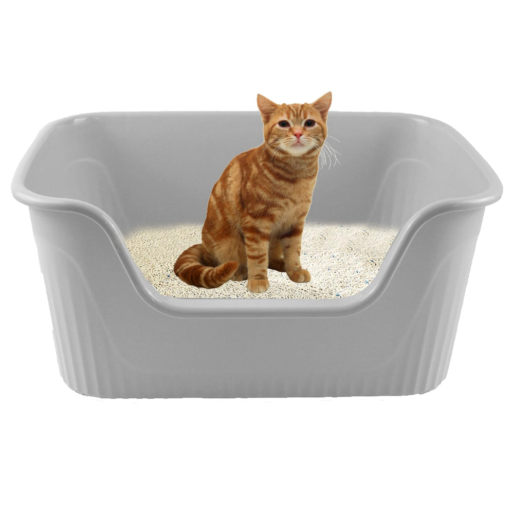 MUYG large cat litter box low entry gray front view shows easy access and anti-splash design.
