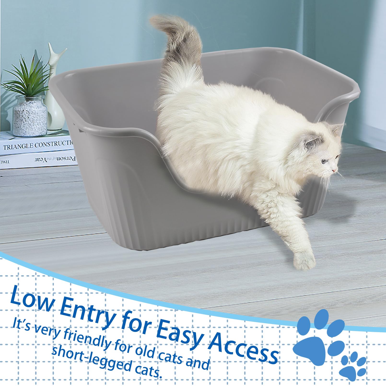 MUYG large cat litter box low entry gray high-sides illustrate durable PP construction.