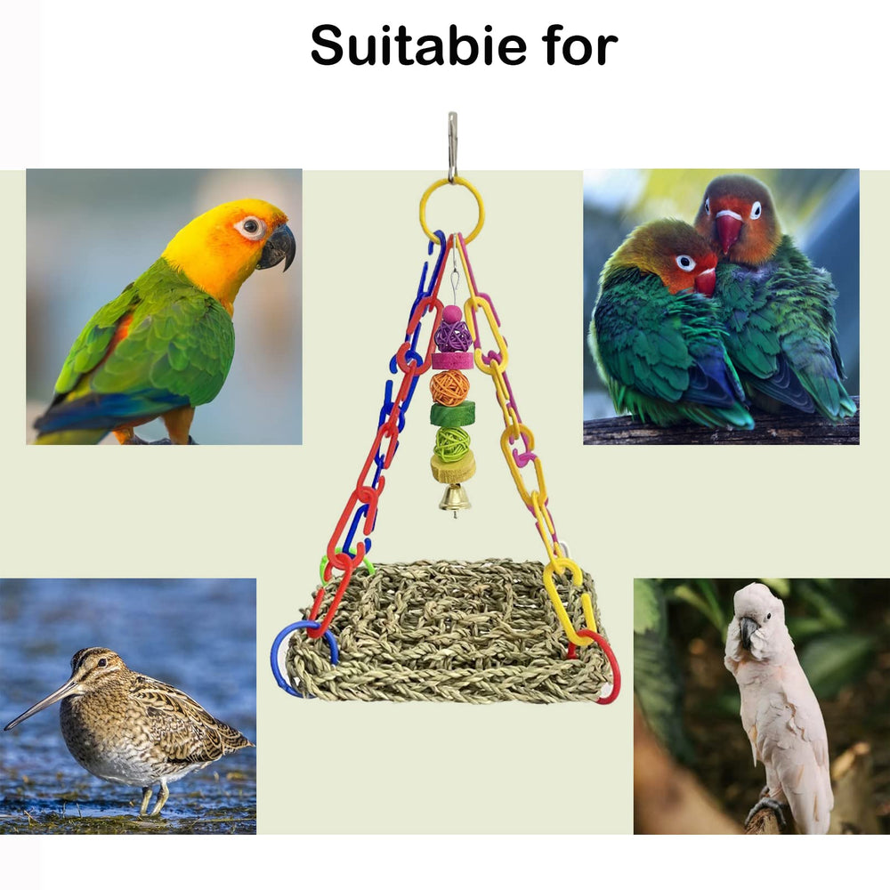 MUYG packaging includes 1 seagrass mat, bell toy, hooks and fasteners