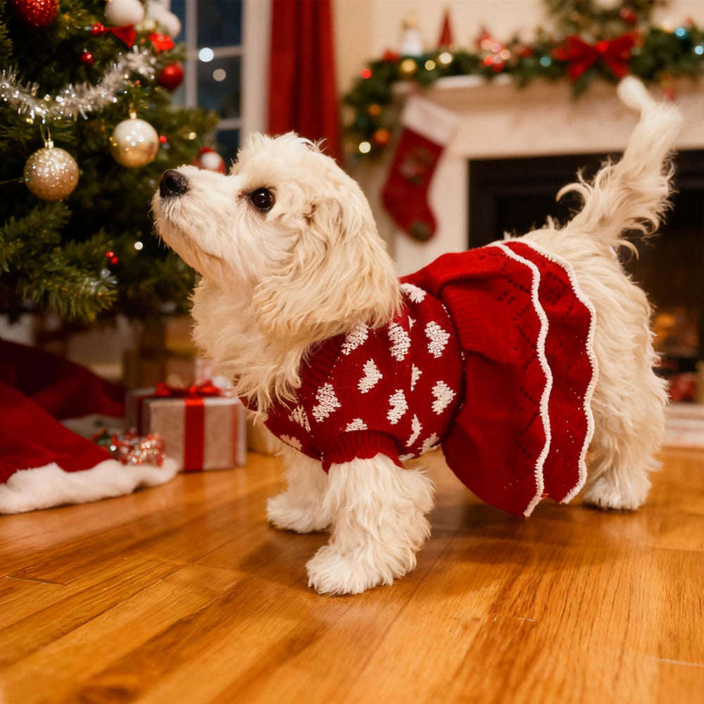 MuYaoPet Christmas dress close-up with heart pattern for festive moments.
