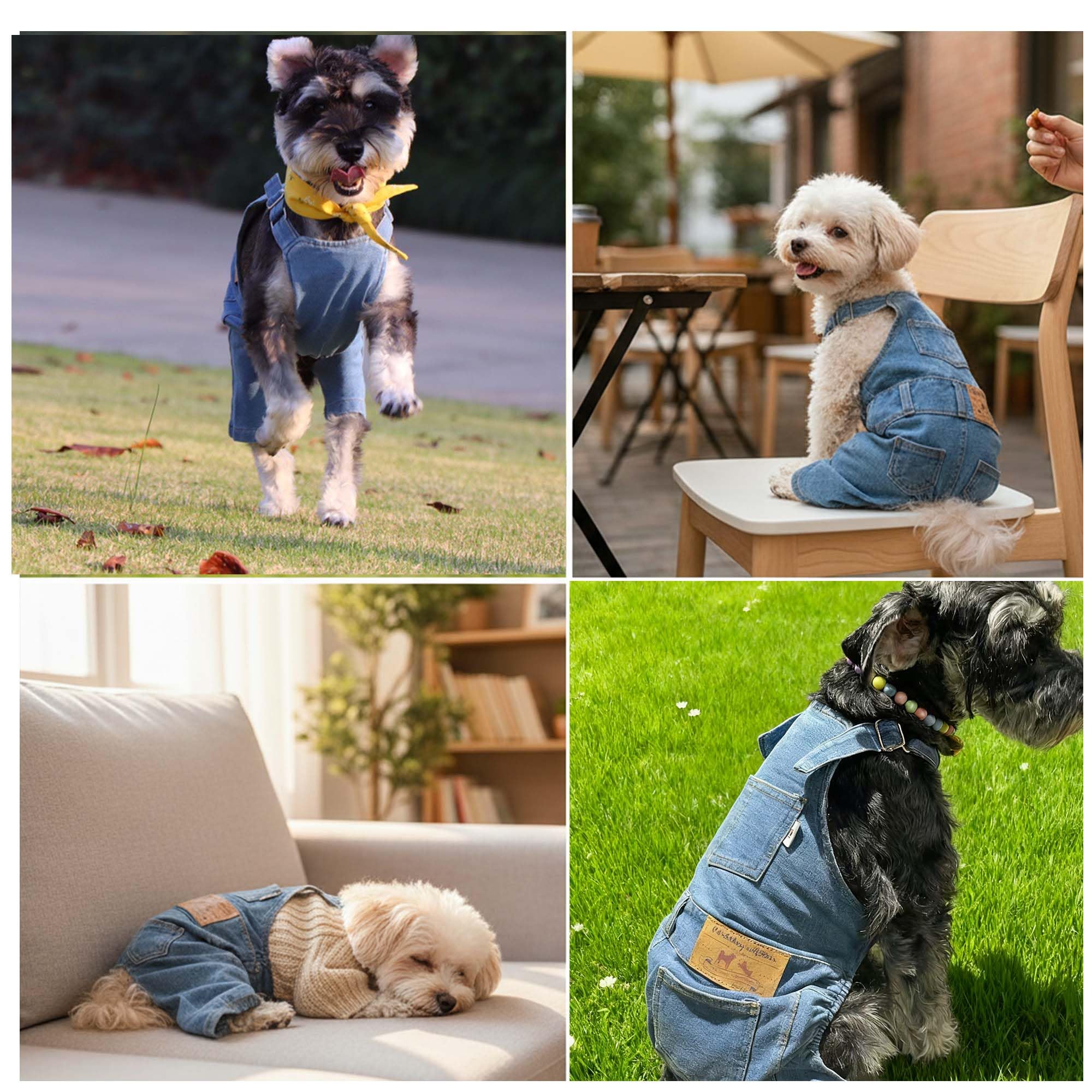MuYaoPet dog denim overalls blue side view with adjustable shoulder straps