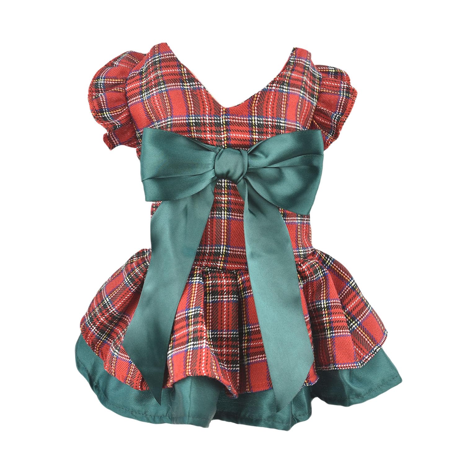 MuYaoPet plaid Christmas dress with big bowtie, front view, ideal for holiday photos.