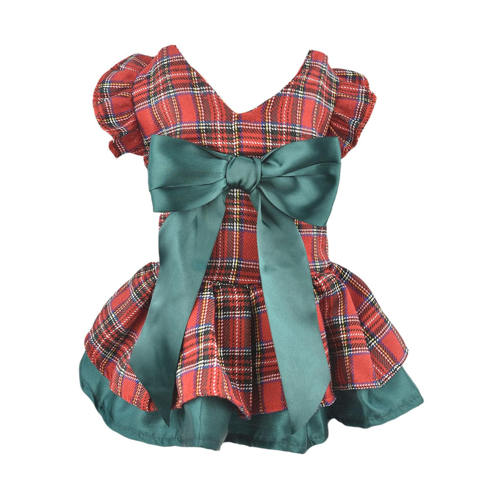 MuYaoPet plaid Christmas dress with big bowtie, front view, ideal for holiday photos.