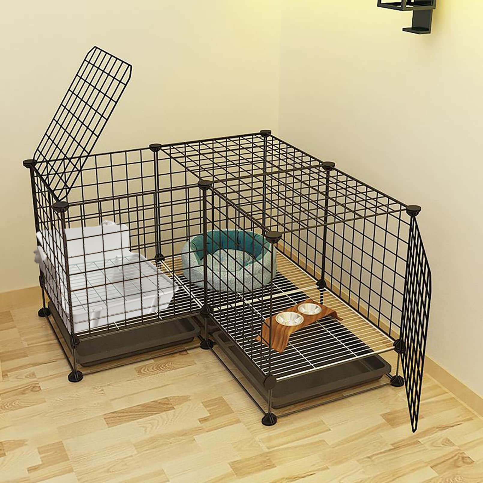 MUYG rabbit litter box secure latches prevent tipping during cage activity.