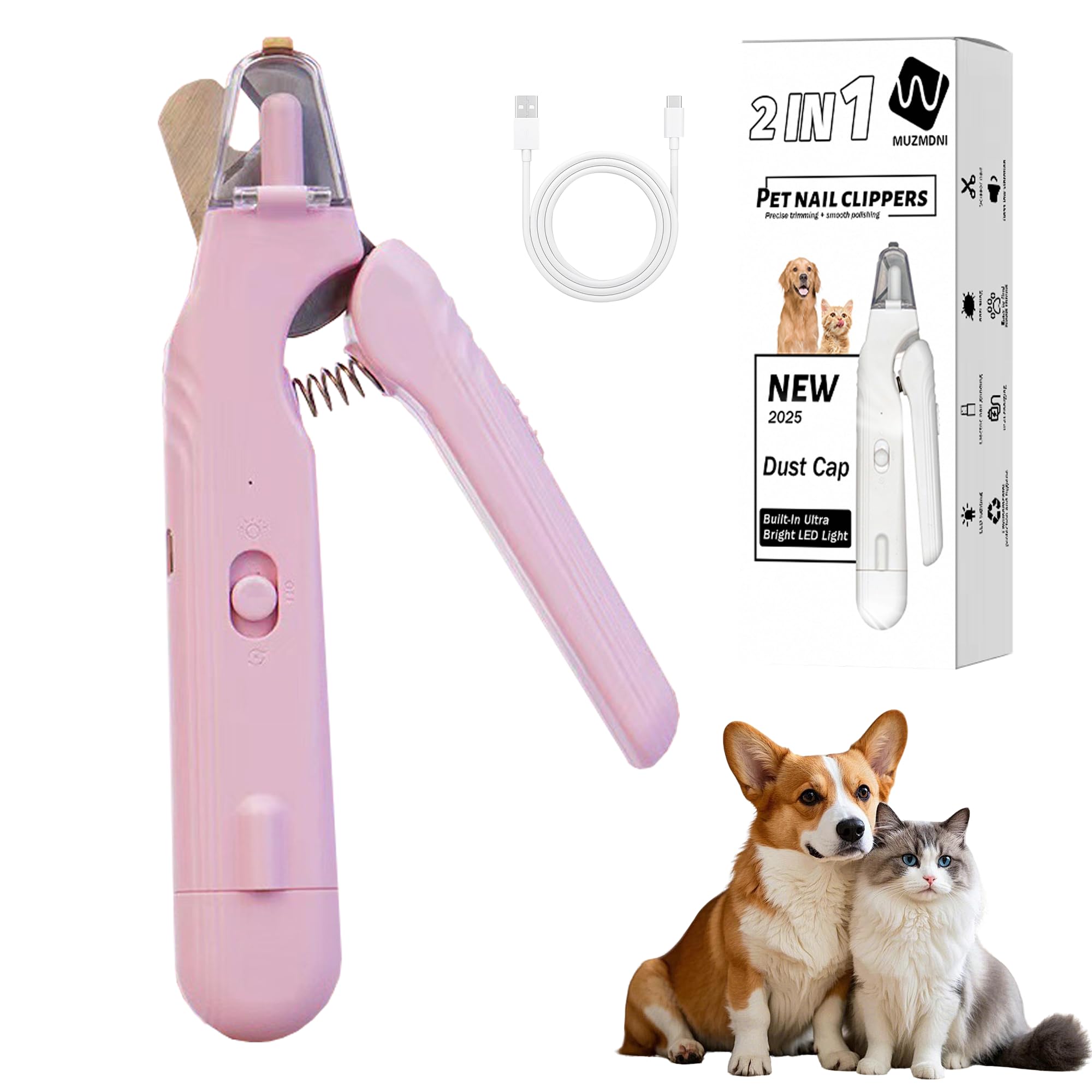 MUZMDNI 2-in-1 dog nail grinder clipper pink for precise at home trimming
