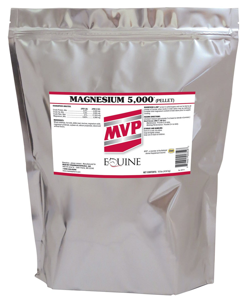 MVP Magnesium 5000 pellets in a 10lb pouch supporting calmness and steady energy for horses.