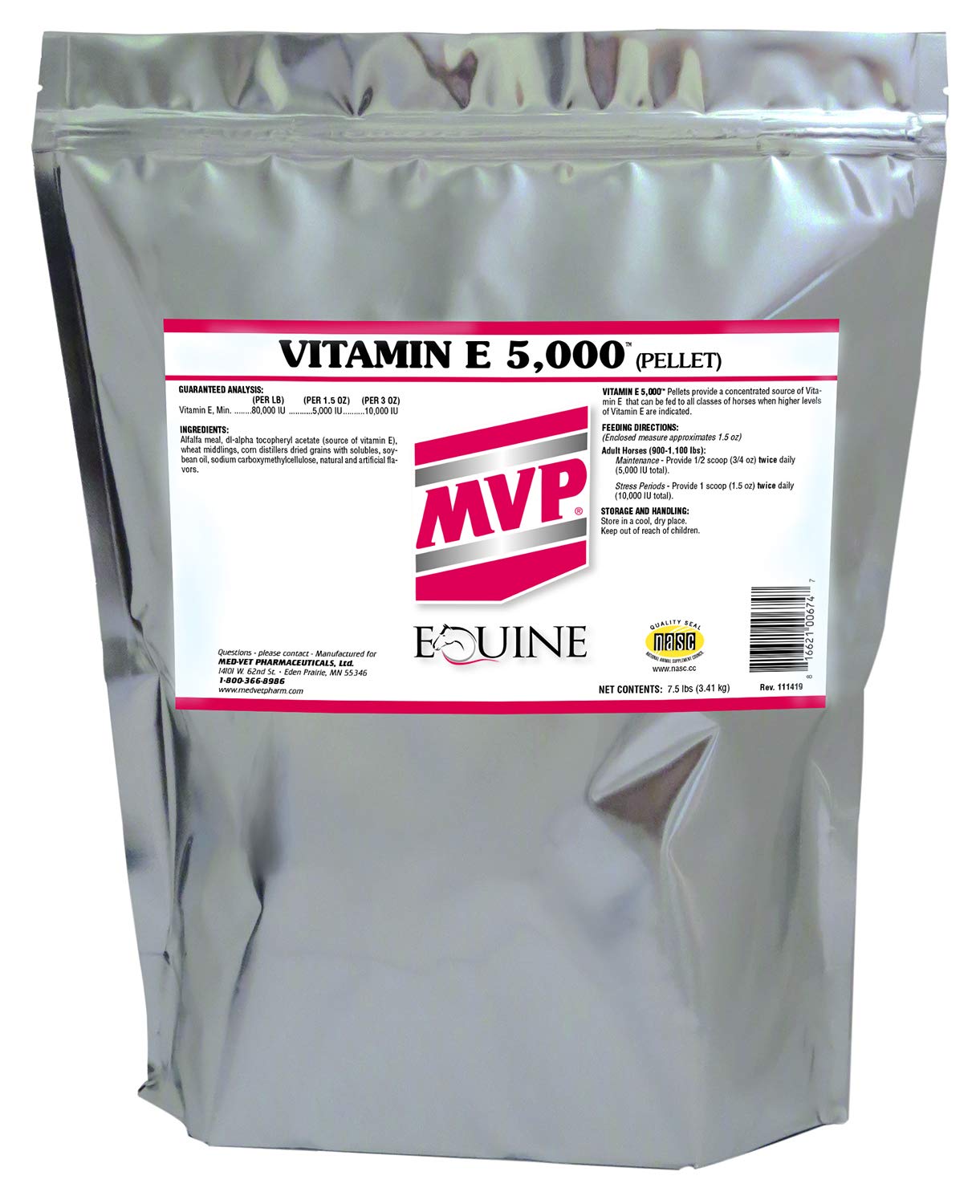 MVP Vitamin E 5,000 pellets in a bag support convenient daily horse supplementation.