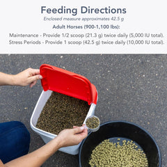 MVP Vitamin E 5,000 pellets in a feed dish for easy grain mixing.