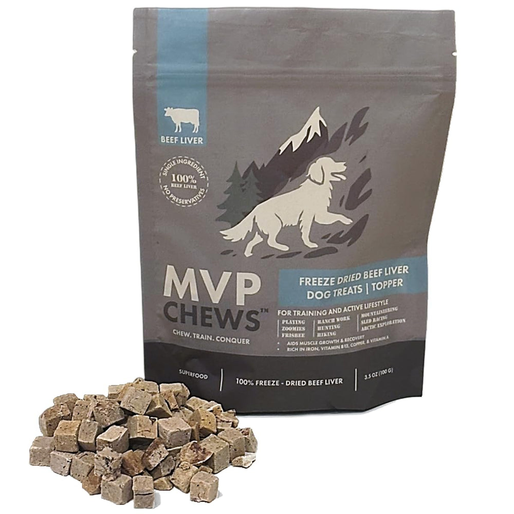 MVPChews beef liver treats in 3.5oz packaging ideal for training rewards.