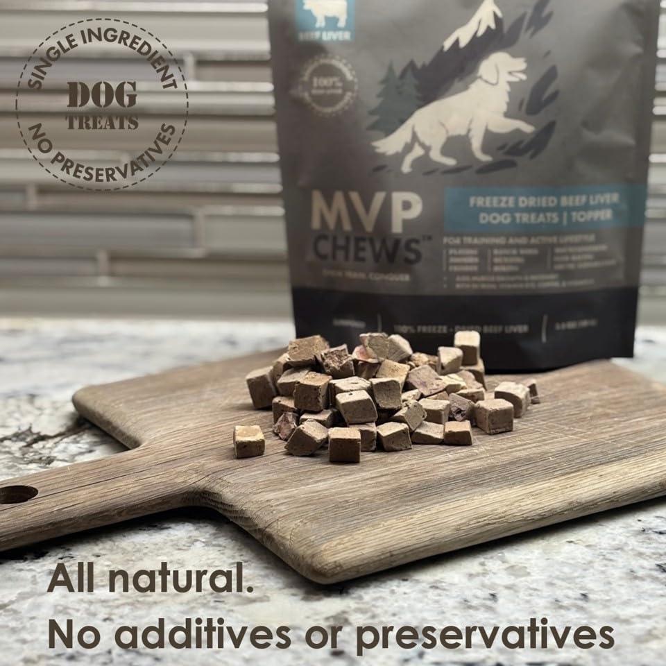 Close-up of MVPChews freeze-dried beef liver highlighting single-ingredient nutrition.