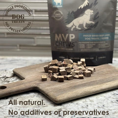 Close-up of MVPChews freeze-dried beef liver highlighting single-ingredient nutrition.