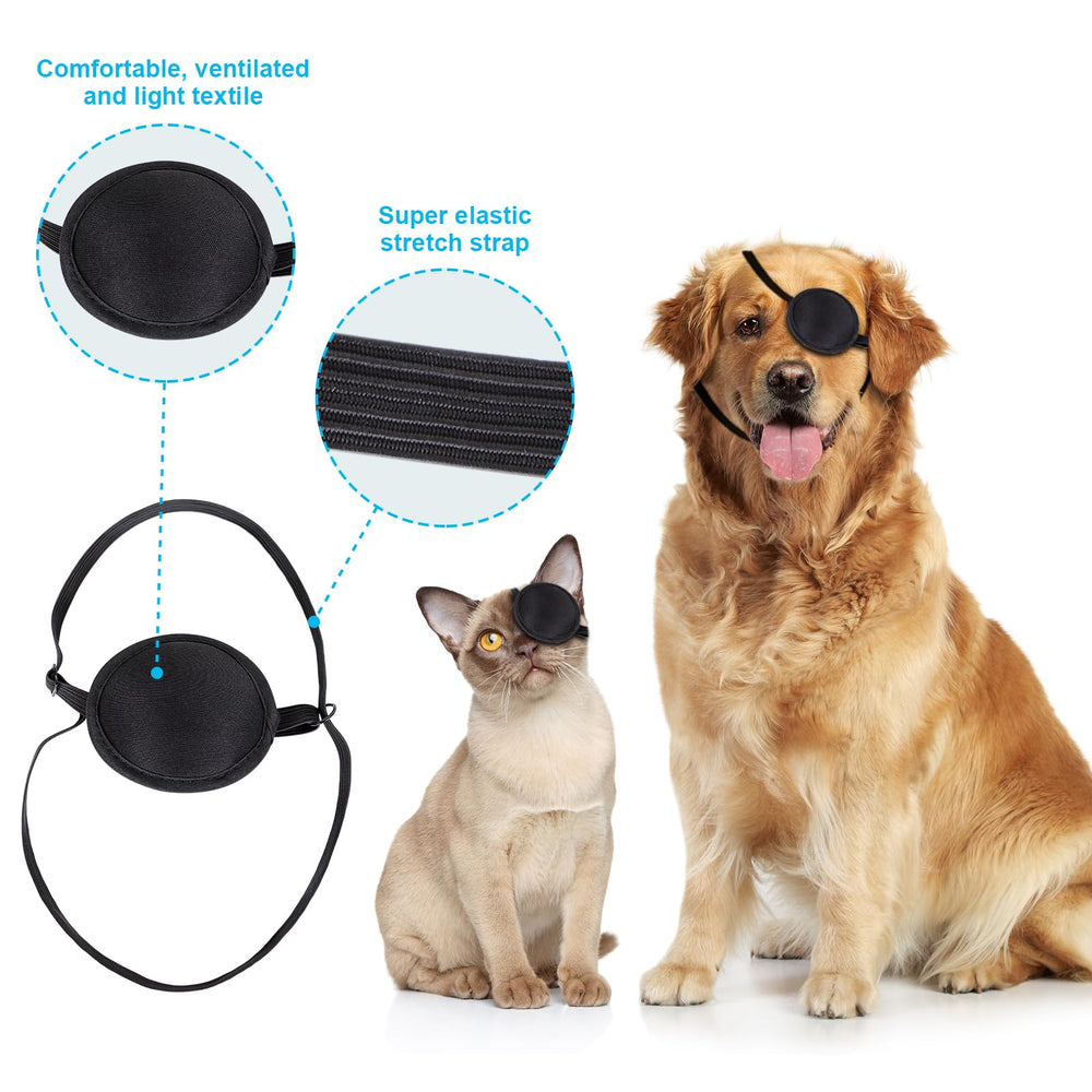 MVSSP dog eye-patch with adjustable strap demonstrates customizable fit for head sizes