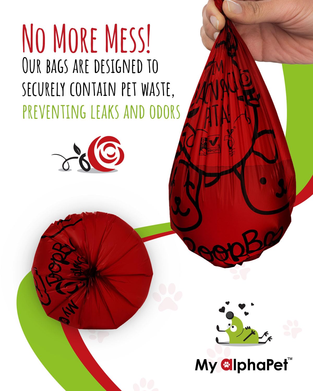 My AlphaPet GM-free cornstarch material—plant-based, environmentally responsible disposal option.