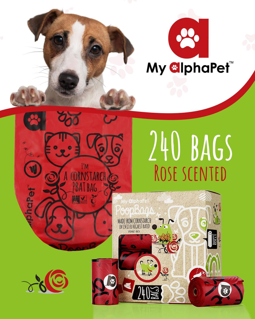 My AlphaPet rose-scented bag roll—home-compostable and eco-friendly waste solution.