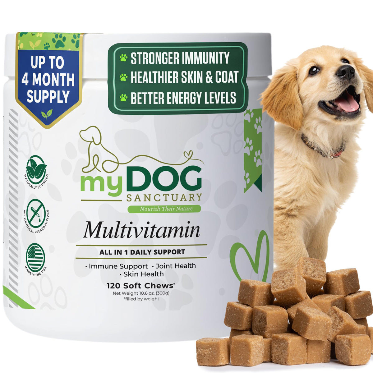 My Dog Sanctuary 14in1 multivitamin bottle shows daily nutrition for active and aging dogs.