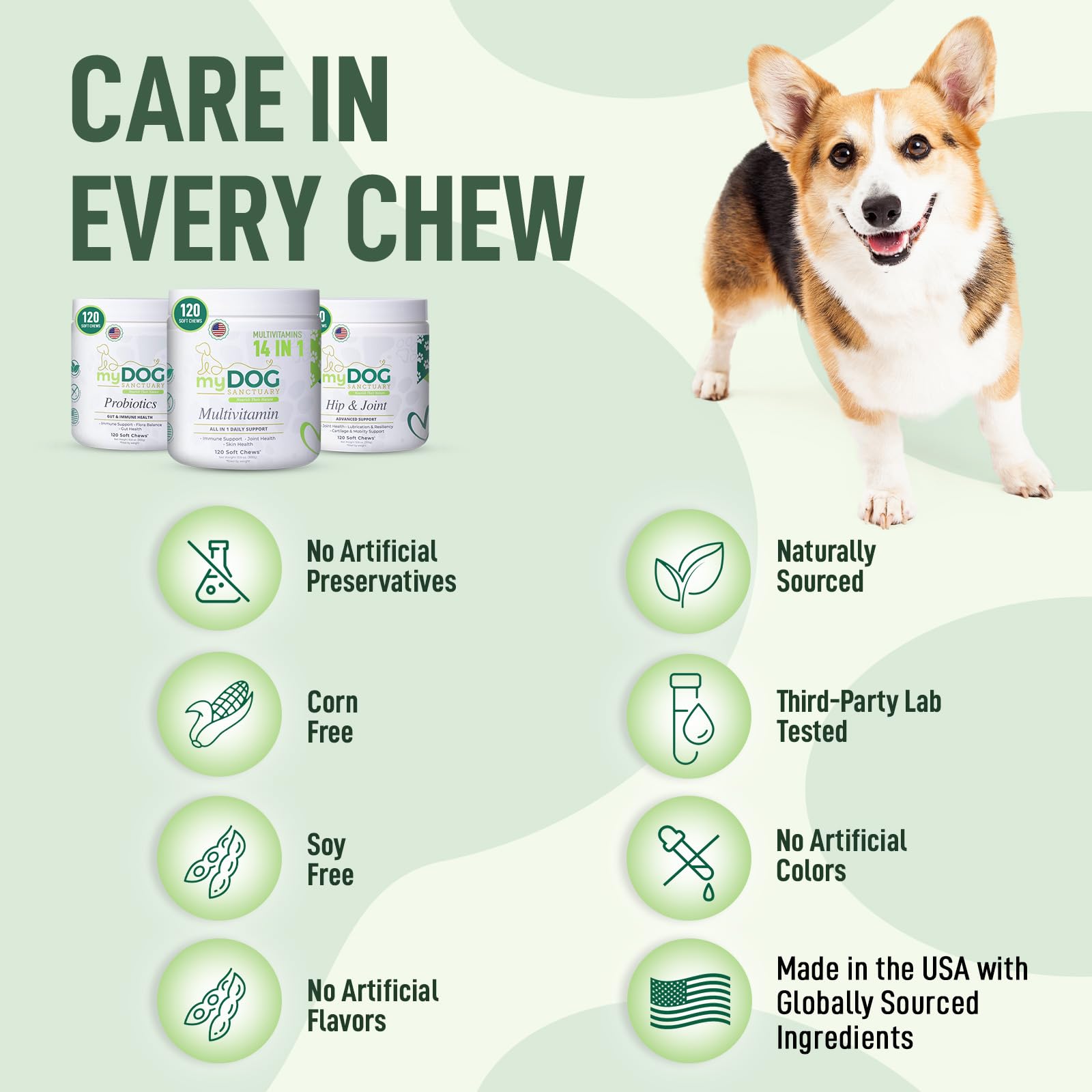 My Dog Sanctuary dosing guide poster clarifies weight-based feeding for easy daily use.