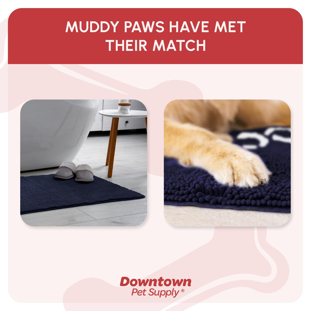 My Doggy Place anti-slip backing mat proves stability on slippery floors after muddy paws.