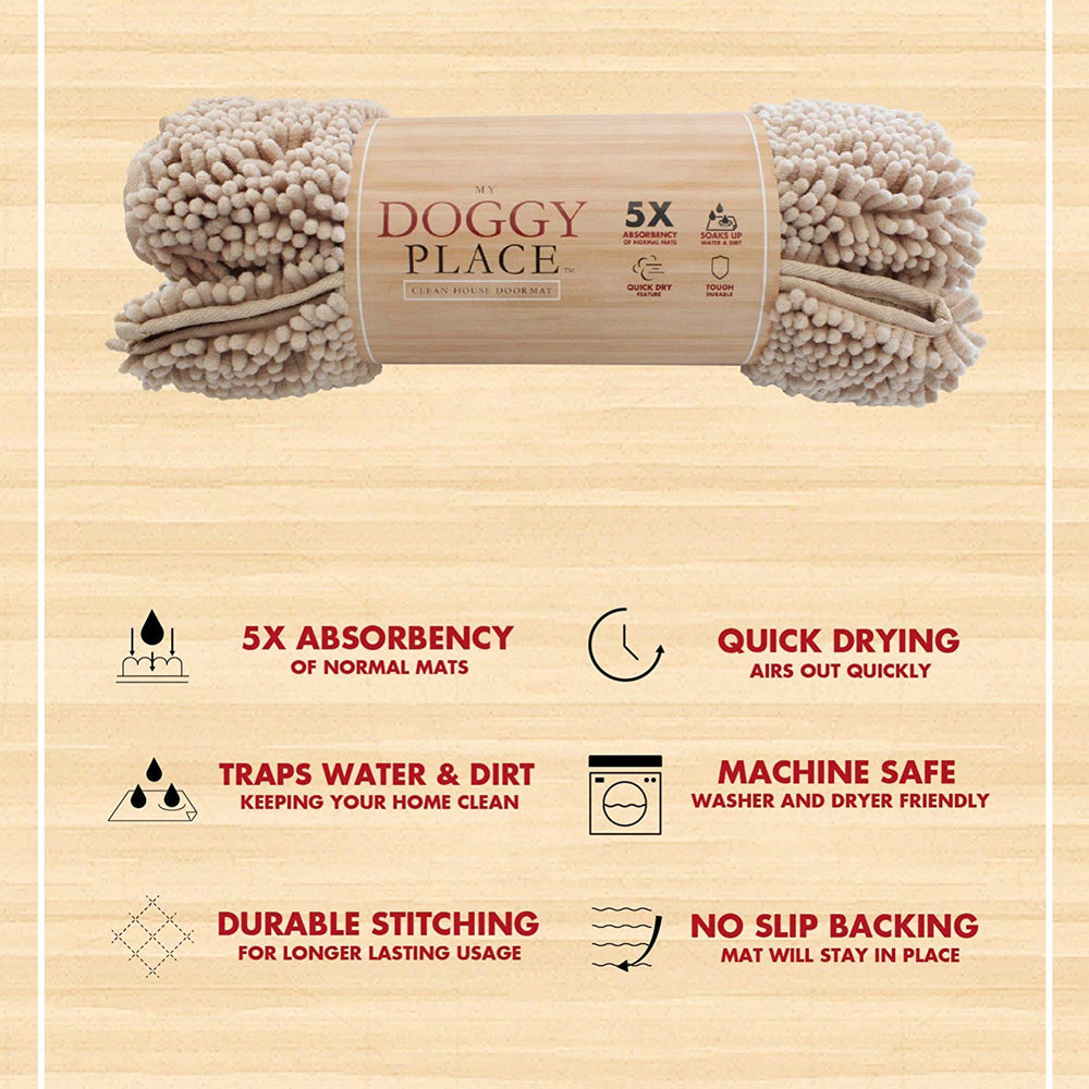 My Doggy Place microfiber dog mat is washer and dryer safe for easy cleanup.