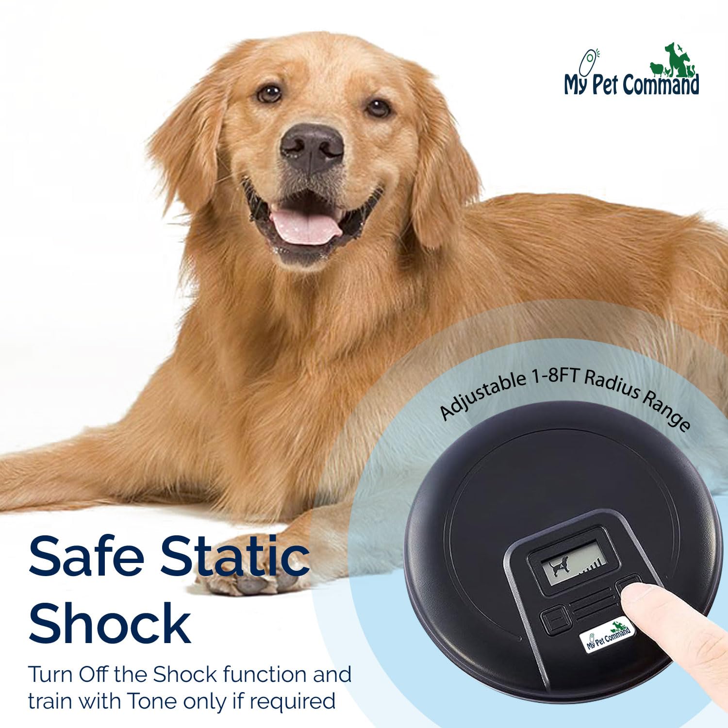 My Pet Command dual mode collar shows tone and shock options for humane training.