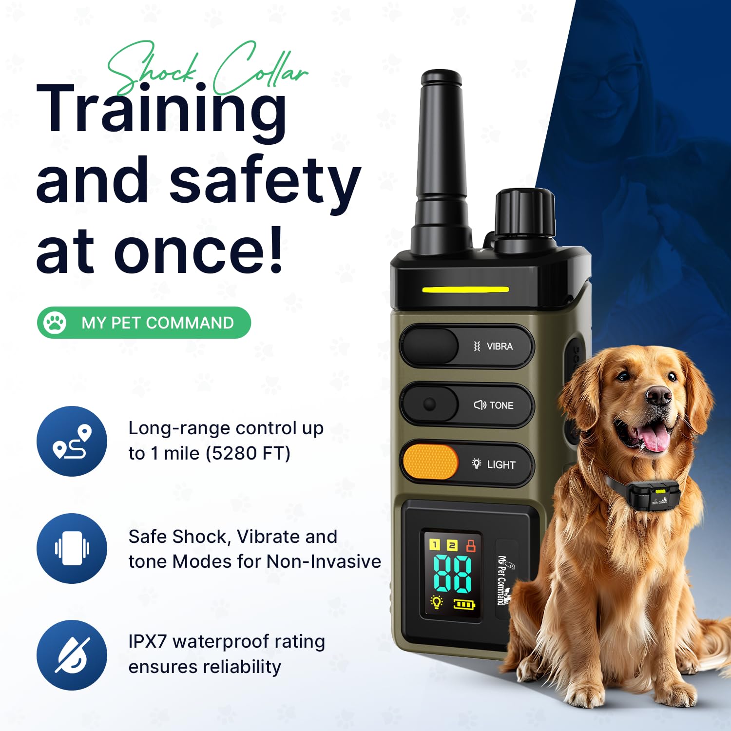 My Pet Command training collar with beacon light aids night training visibility.