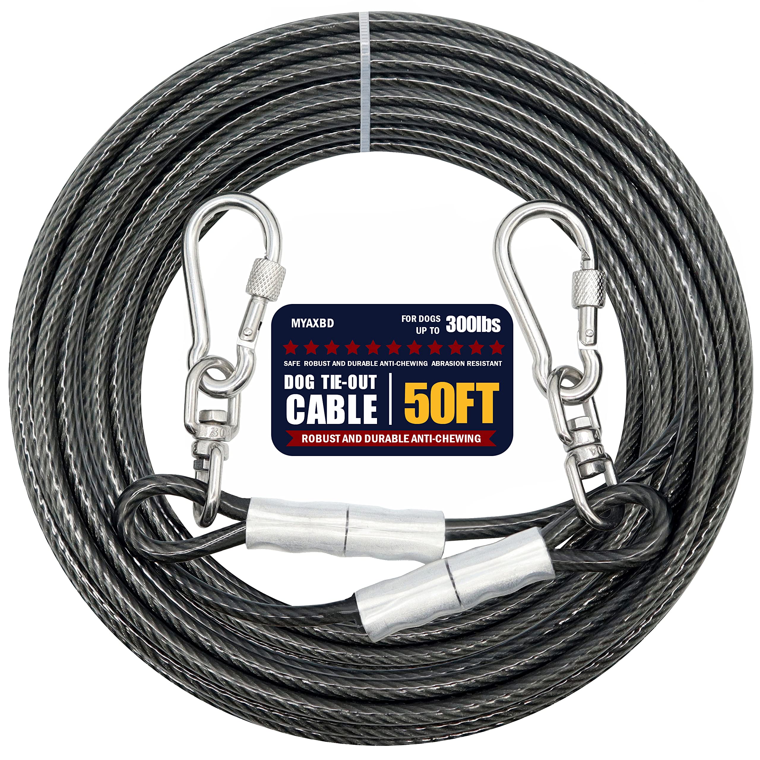 MYAXBD dog tie out 50ft cable closeup highlighting rugged construction for secure yard containment.