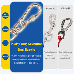 MYAXBD dog tie out 50ft double-ring end illustrates extra security against clip slippage.