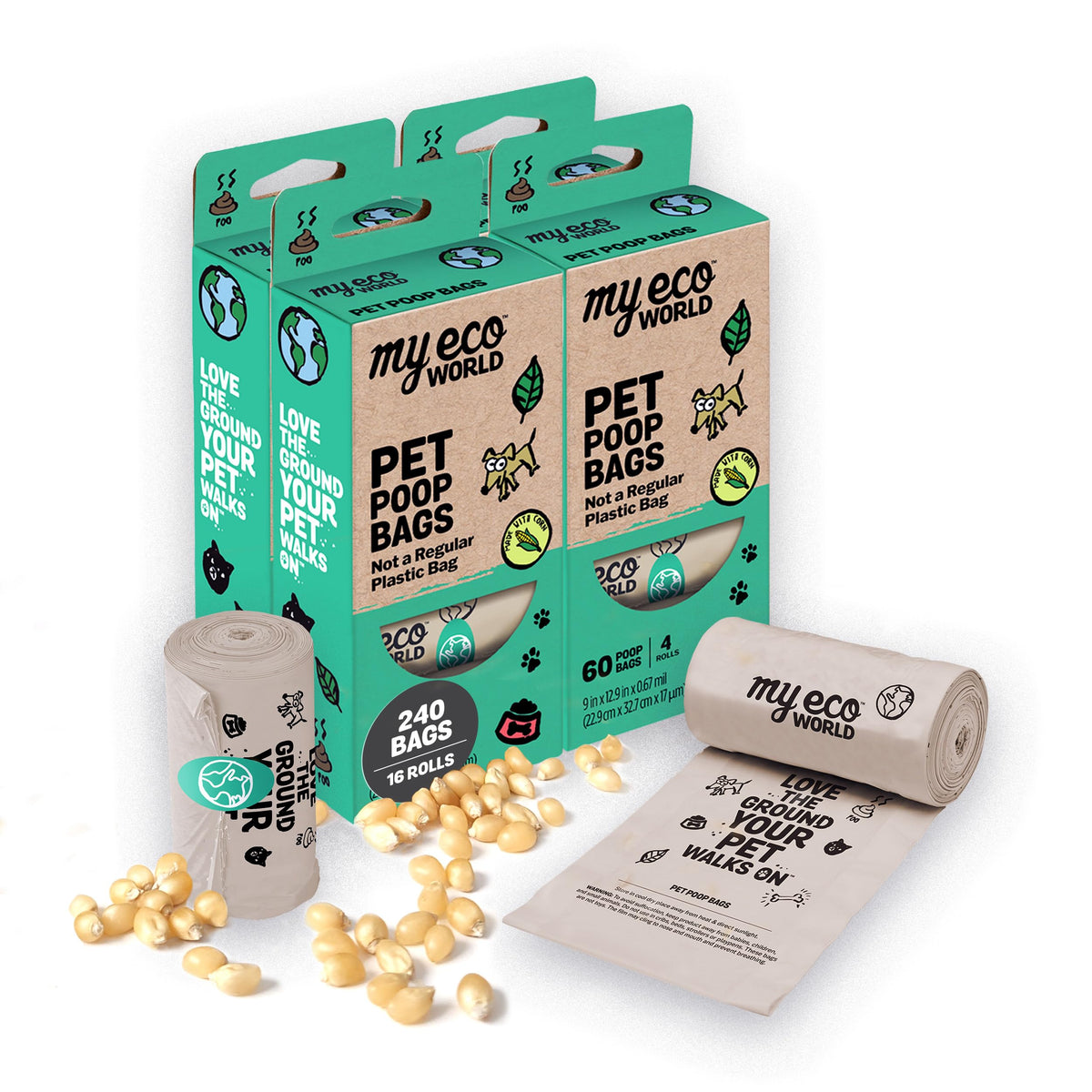 MyEcoWorld compostable dog poop bags 240-count pack for eco-friendly dog walks.
