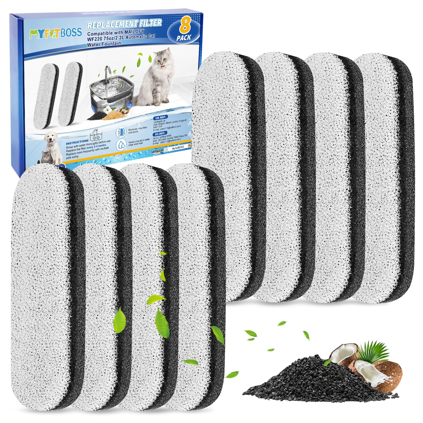 MyfatBOSS 8-pack filters packaging demonstrates convenient replacement for clean, fresh-tasting pet water.
