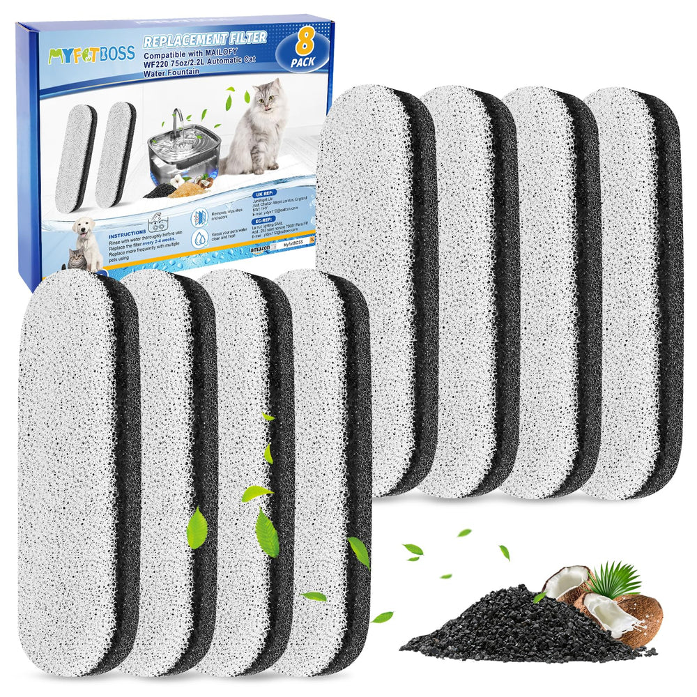 MyfatBOSS 8-pack filters packaging demonstrates convenient replacement for clean, fresh-tasting pet water.