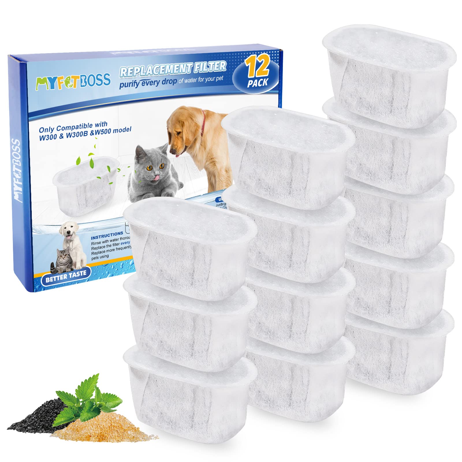 MyfatBOSS cat fountain filter for W300/W500 setup showing compatibility and filtration