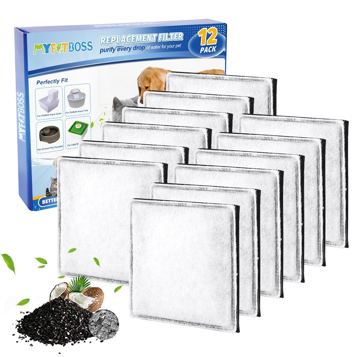 MyfatBOSS cat water fountain filter package shows a ready replacement kit for clean hydration.