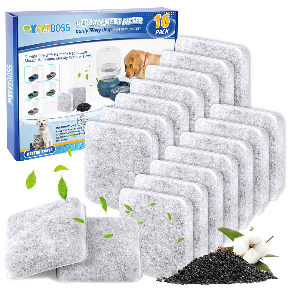 MyfatBOSS dog water filter replacement packaging highlights easy 16-pack convenience for pets.