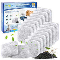 MyfatBOSS dog water filter replacement packaging highlights easy 16-pack convenience for pets.