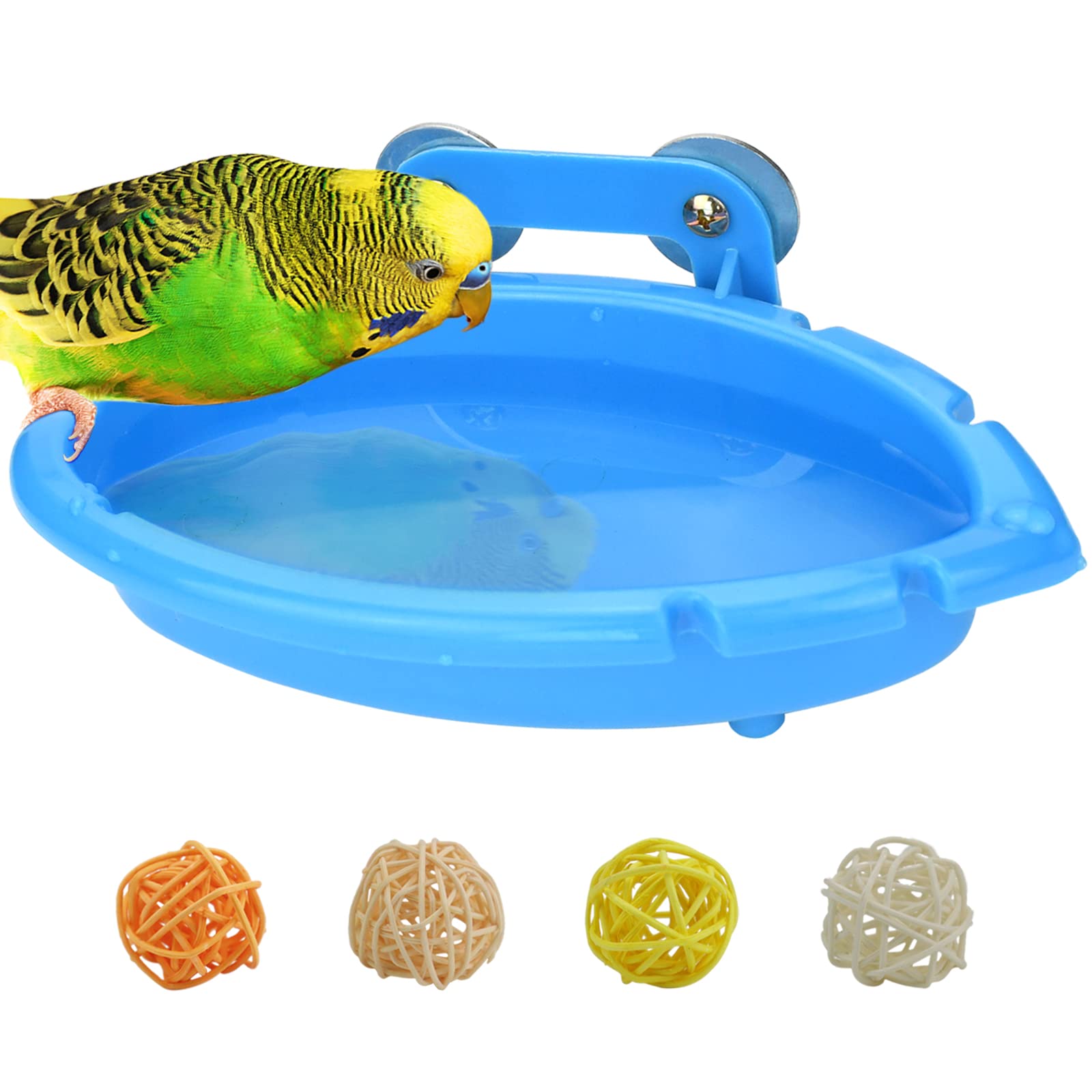 Mygeromon bird bath blue inside cage for easy, space-saving hydration.