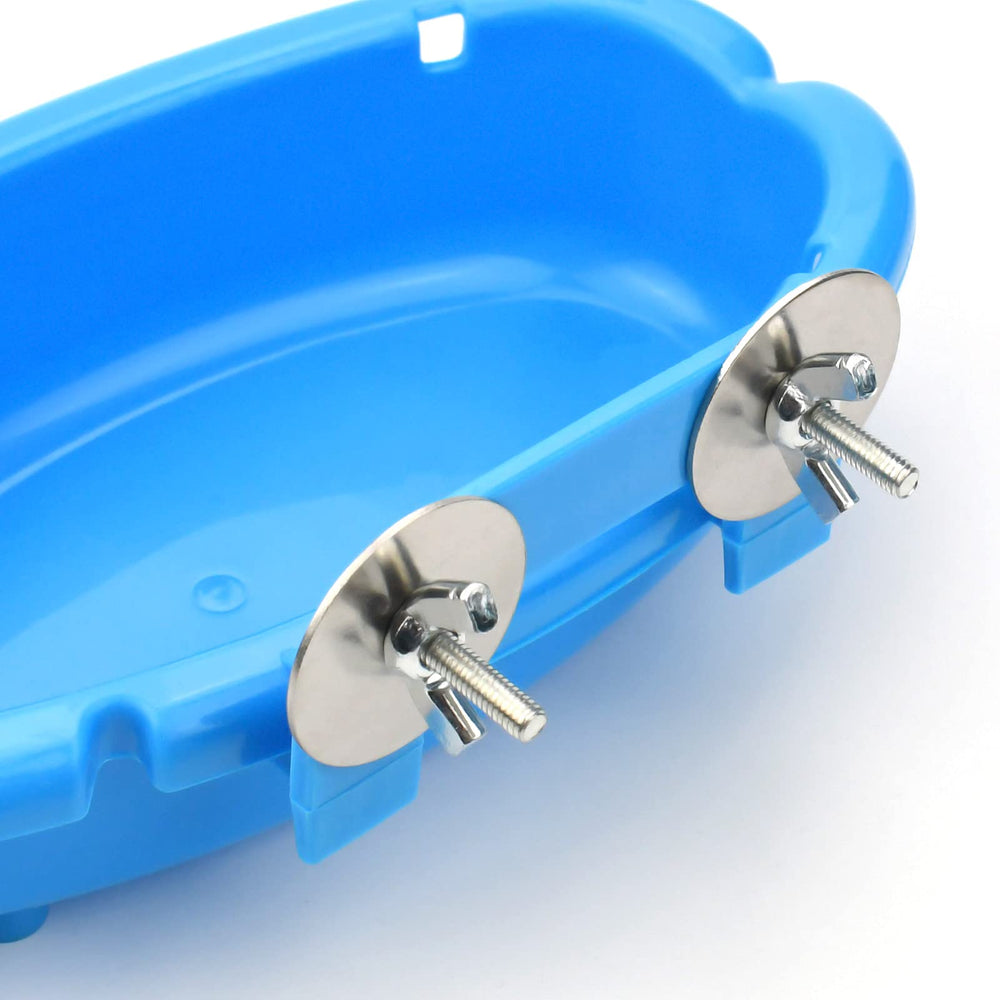Mygeromon bird bath blue installation screws ensure secure cage mounting.