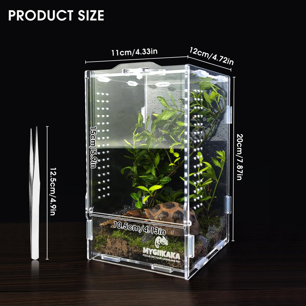 MYGIIKAKA acrylic habitat top clamshell open for feeding and handling.