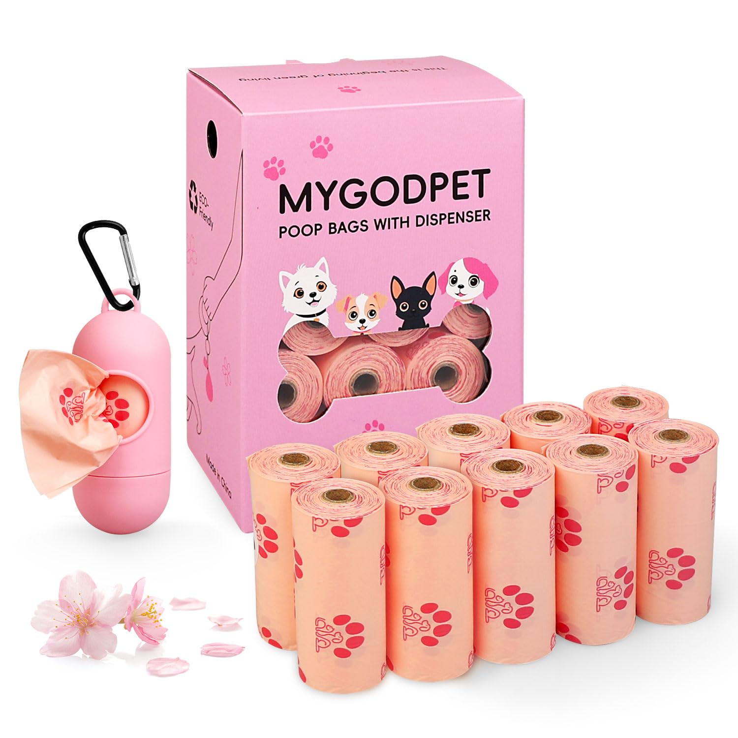 MYGODPET dog poop bag rolls with dispenser for easy on-the-go cleanup.
