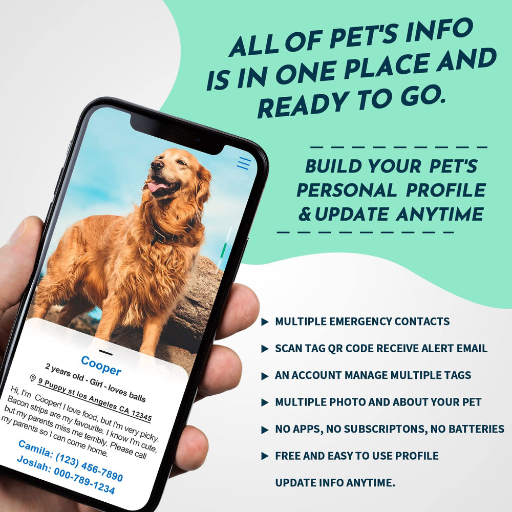 MYLUCKTAG setup screen shows free pet profile link for emergency contacts.