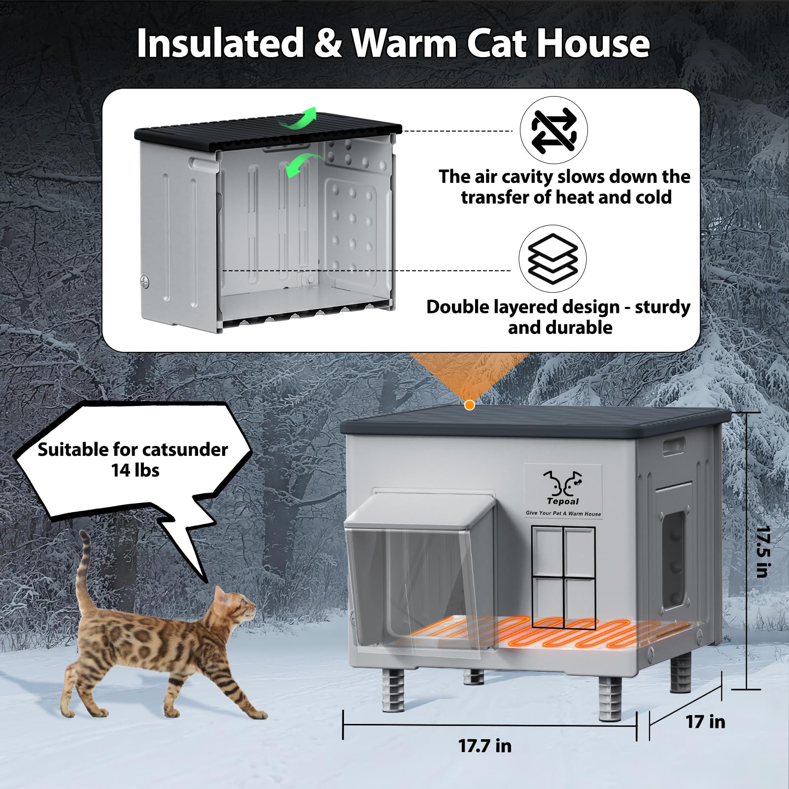 Myodal indestructible heated cat house elevated base keeping bottom dry in snow