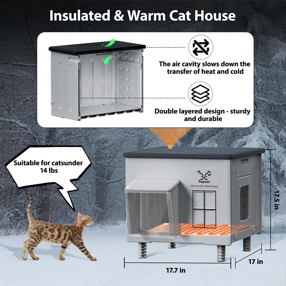 Myodal indestructible heated cat house elevated base keeping bottom dry in snow