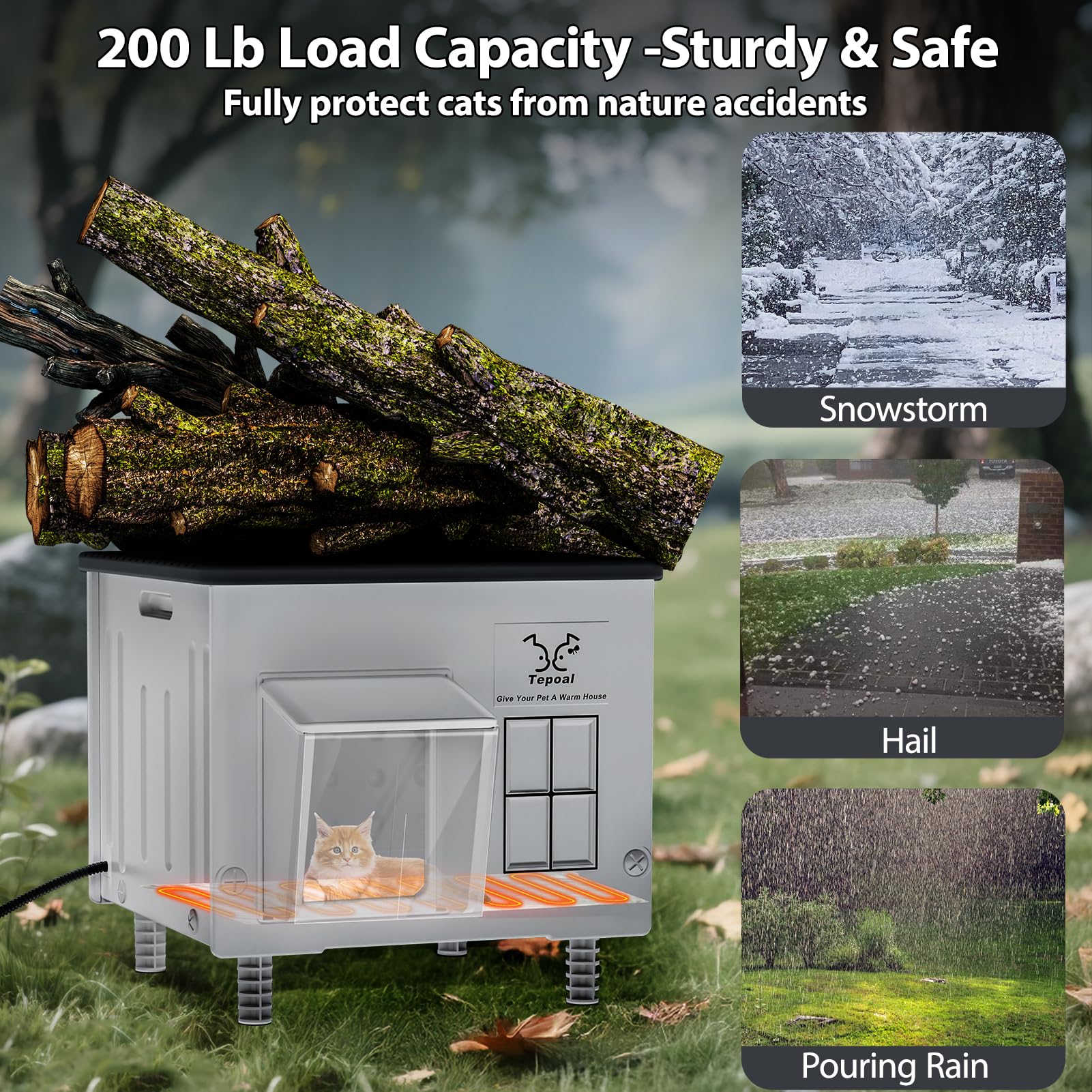 Myodal indestructible heated cat house interior with UL-approved warming pad for cozy shelter