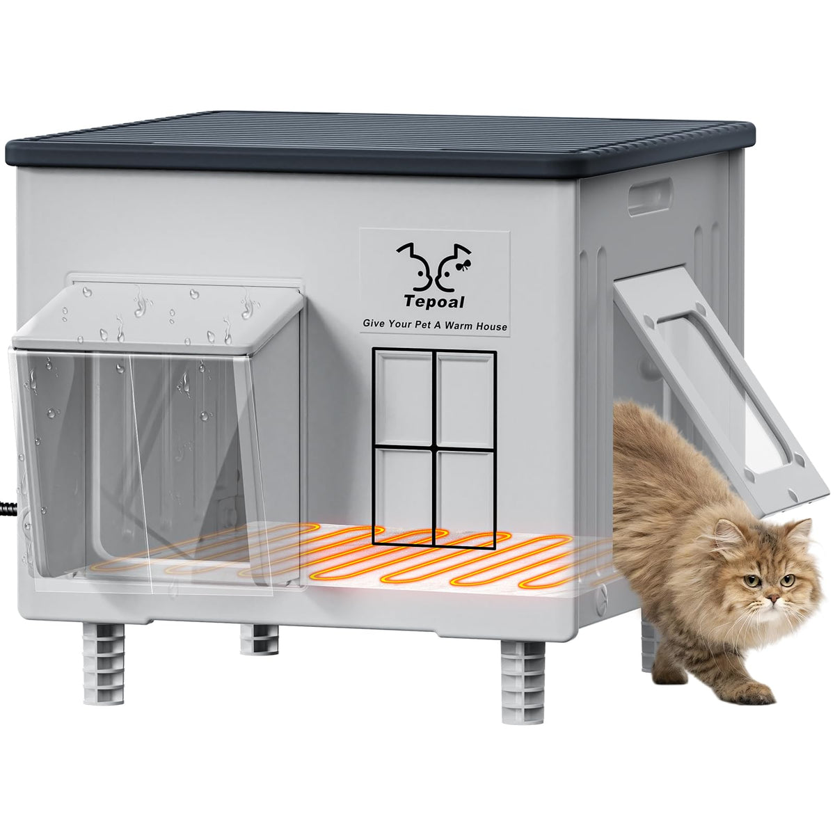 Myodal indestructible heated cat house front view showing weatherproof outdoor shelter for winter warmth